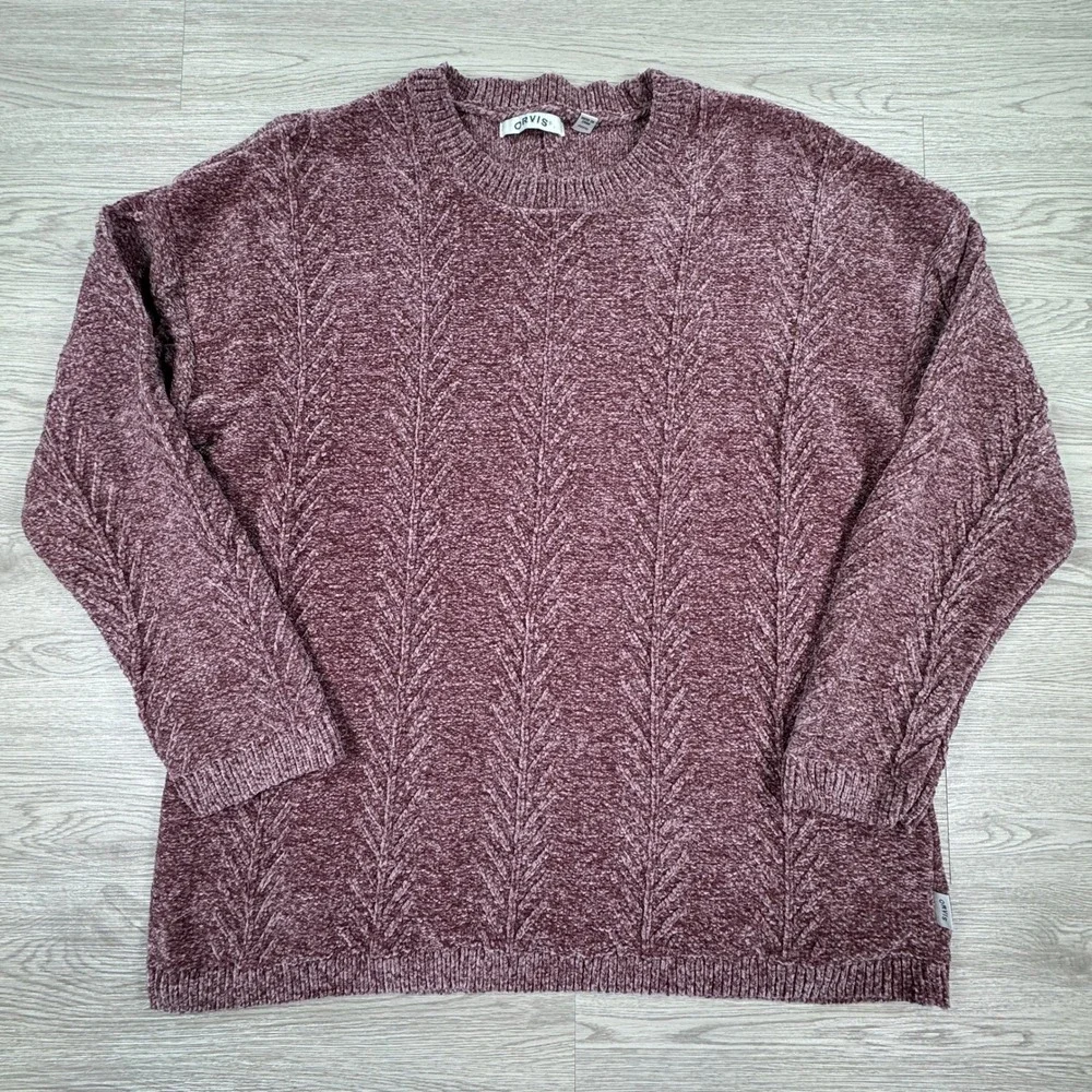 Orvis Women's Sweater Chenille Cable Knit Mauve Pink XL Crewneck Long Sleeve